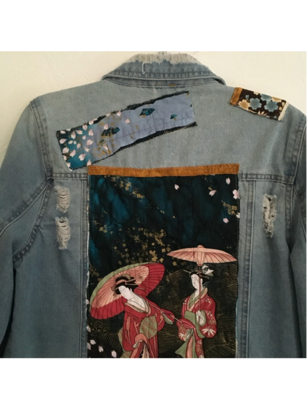 Handmade Upcycled Denim Jacket Geisha Girl Art Kimono XL - Picture 4 of 12